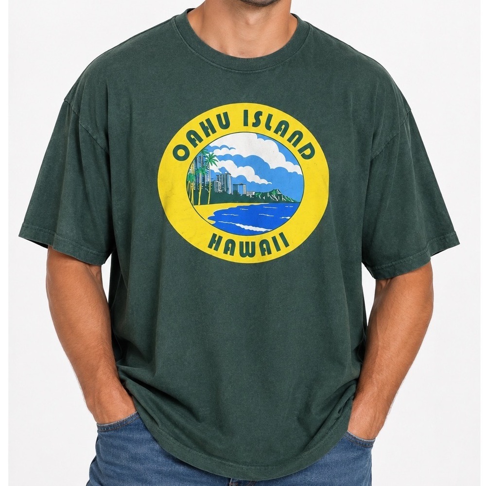 Old Navy Mens XXXL Oahu Island Hawaii Graphic T-Shirt Forest Green Soft-Washed
